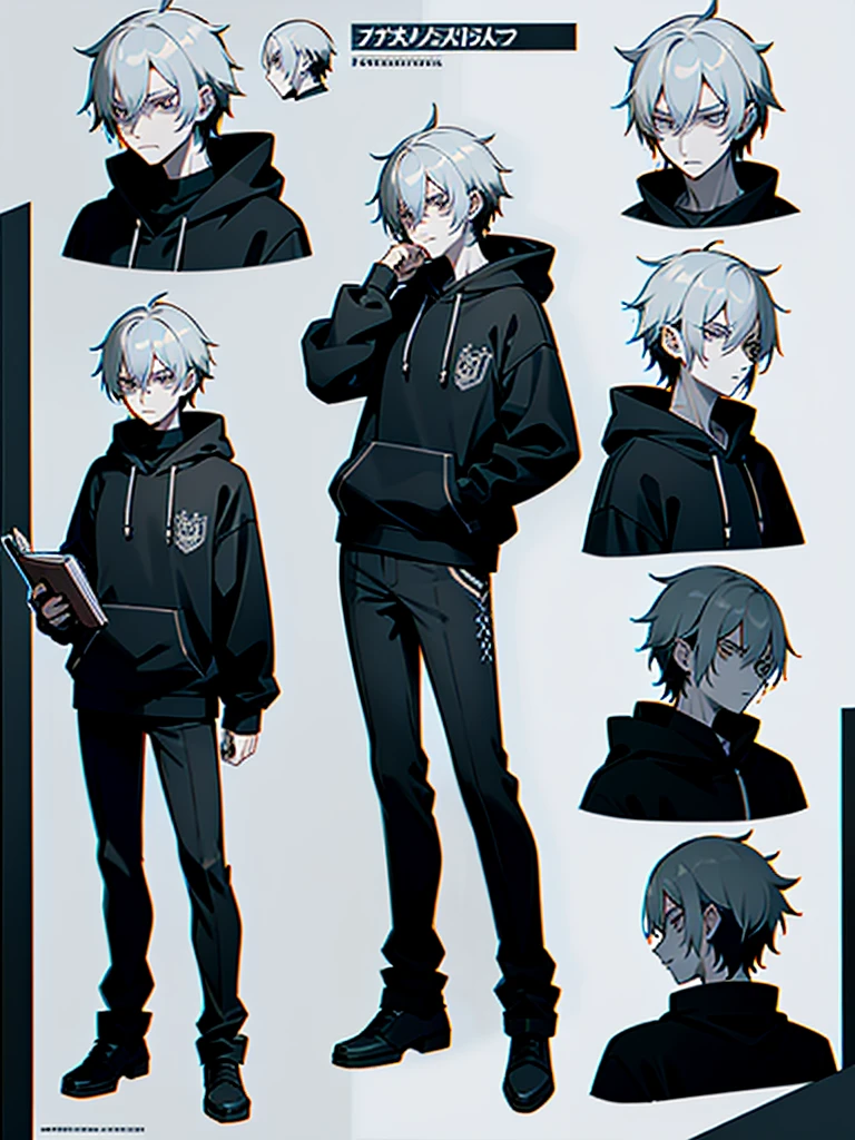 Reference sheet of a cyborg guy with grey skin, silver eyes and black short messy hair in black hoodie and pants with bad posture and depressed stare, holding a book, dark academia 