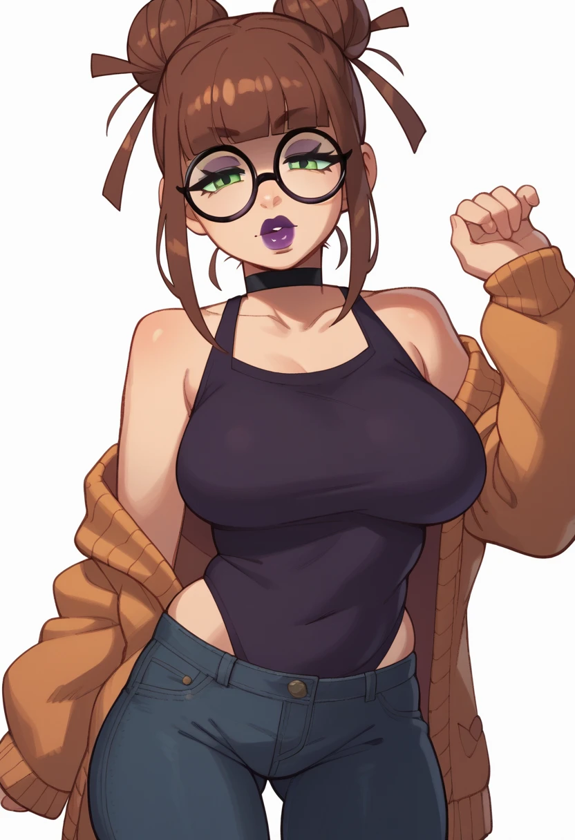 score_9, score_8_up, score_7_up, score_6_up, score_5_up, score_4_up, BREAK 1girl, brown hair, bun hair, green eyes, thick lips, long eyelashes, half-closed eyes, black-framed eyewear, round eyewear, black choker, blunt bangs, adult, black eyeliner, purple lips, golden eyeshadow, looking at viewer, BREAK solo, standing, large breasts, adult, skinny, highleg, arched back, thigh gap, cardigan, black jeans, BREAK (white background:1.2), simple background, dynamic pose, dynamic angle, angled shot,
