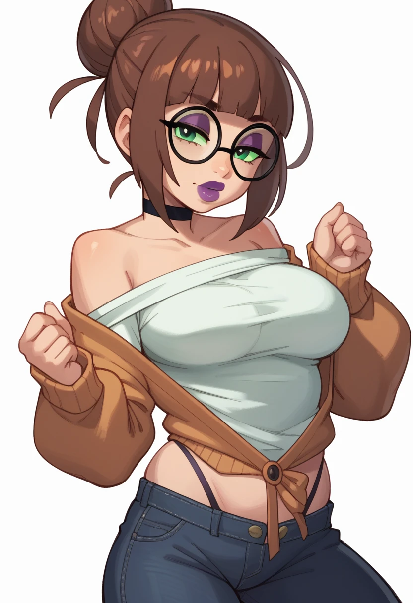 score_9, score_8_up, score_7_up, score_6_up, score_5_up, score_4_up, BREAK 1girl, brown hair, bun hair, green eyes, thick lips, long eyelashes, half-closed eyes, black-framed eyewear, round eyewear, black choker, blunt bangs, adult, black eyeliner, purple lips, golden eyeshadow, looking at viewer, BREAK solo, standing, large breasts, adult, skinny, highleg, arched back, thigh gap, cardigan, black jeans, BREAK (white background:1.2), simple background, dynamic pose, dynamic angle, angled shot,
