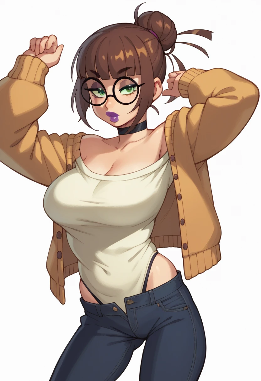 score_9, score_8_up, score_7_up, score_6_up, score_5_up, score_4_up, BREAK 1girl, brown hair, bun hair, green eyes, thick lips, long eyelashes, half-closed eyes, black-framed eyewear, round eyewear, black choker, blunt bangs, adult, black eyeliner, purple lips, golden eyeshadow, looking at viewer, BREAK solo, standing, large breasts, adult, skinny, highleg, arched back, thigh gap, cardigan, black jeans, BREAK (white background:1.2), simple background, dynamic pose, dynamic angle, angled shot,
