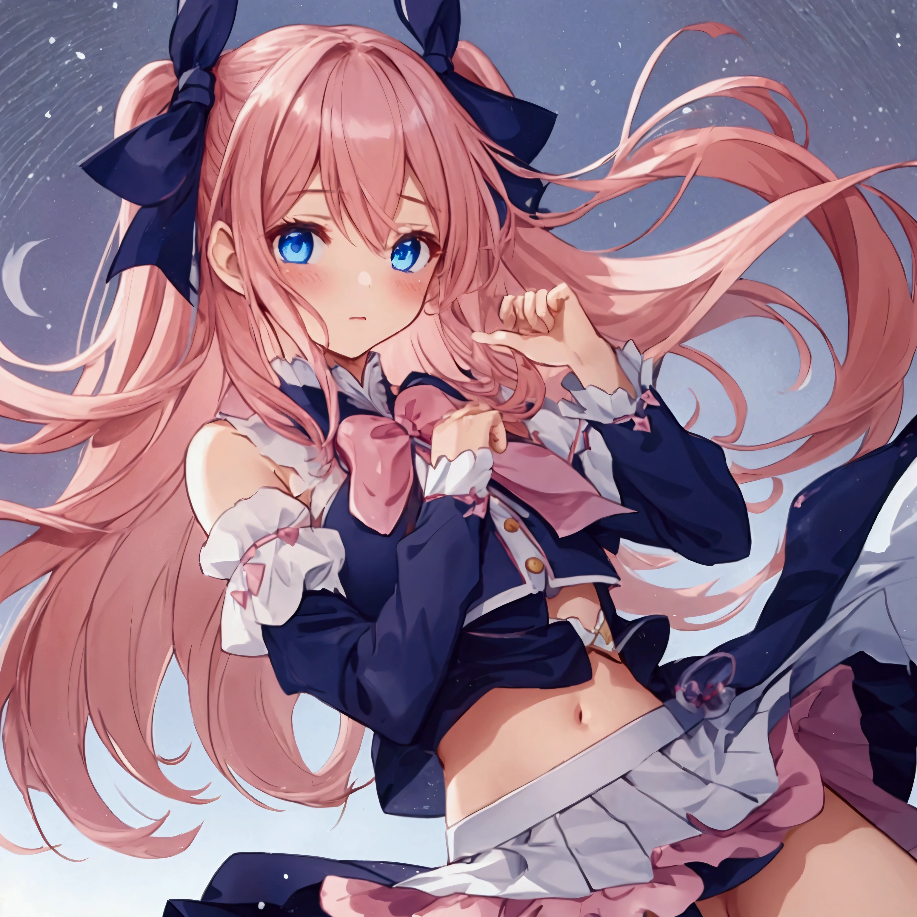 1girl, blue eyes, blush, crossdressing, detached sleeves, english text, hair ribbon, long hair, magical girl, male focus, midriff, navel, otoko no ko, pink hair, ribbon, skirt, solo, two side up, wand