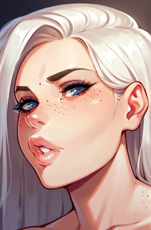 score_9,score_8_up,score_7_up,score_6_up,score_5_up,score_4_up source_explicit, nsfw, 1girl,solo,blue eyes, white hair, parted lips, lips, eyelashes, portrait, freckles,