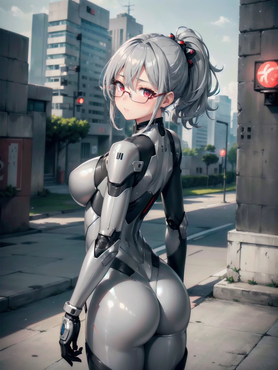 A pretty woman, 1 woman, Japanese, Alone, view from behind, perfect ass, ((gray metal plug suit:1.3)), ((many decorations plug suit), ((gray battle suit)), ((masterpiece)), ((Best Quality)), (ultra detailed), ((kawaii)), Beautiful, (beautiful), ((extremely detailed)), 4k, (8k), Best Quality, (beautiful), illustration, Worthy, (blow to the body), (Midnight, city, battlefield), Glasses (gray hair short ponytail), Hair blowing in the wind, beautiful red eyes, ((beautiful eyes)), lip, shy expression, blush, bright,