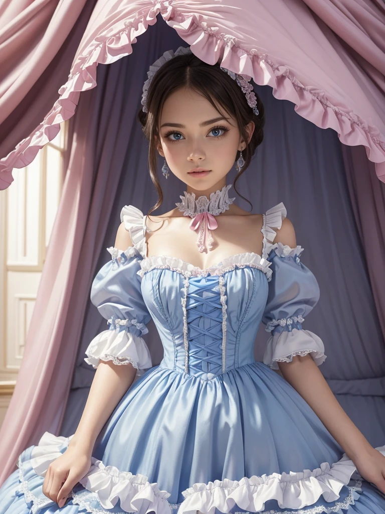 photo shoot,highest quality, masterpiece, highest resolution, artwork, (Cute girl),(10 years old),((white skin)),((bionde)),((Blue eyes)),The girl is a princess, girl,girl,((Victorian ball gown princess dress with lavish pink ruffles and bows and a voluminous full-length hoop skirt)),long sleeve,long dress,A dress with lots of frills and ribbons.,luxury, ((palace bedroom)), ((Huge luxury victorian canopy princess’s bed)), lots of frilly pillows,ruffle bed skirt,High quality beautiful girl,High quality dress,High Quality Princess Bed,Are standing,STAND UP,((Lift up the skirt of your dress with both hands)),((A world without underwear)),((Lower body is naked)),(show vagina,Realistic pussy),Spread your legs wide,from below,nffsw,