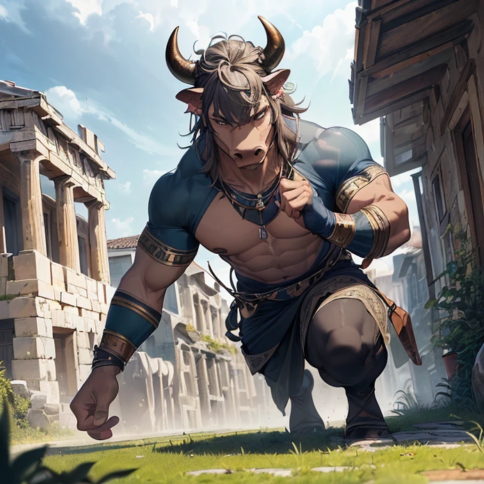 (absurdres, masterpiece, best high quality image epic artwork, high fantasy genre, carefully detailed image, carefully detailed textures, animalistic character, fantasy animal artwork, anthropomorphic, real animal features, solo animal character, full anthro animal body view)
{{((1anthropomorphic-animal: adult male minotaur: ((bull head, real bull face, bull grey eyes, black nose, bull ears, bull mouth, bull lips), (male muscular bull body, bull fur, bull arms, bull hands with five brown finger hooves), (bull strong legs, bull feet-hooves)), ((blue greek coat, blue greek shirt, blue greek pants, copper wristbands)), (bull relaxed face, responsible worker demeanor), (greek farm village, ancient greek villager houses, green grass, brown walk ways, grey cloudy sky))}}