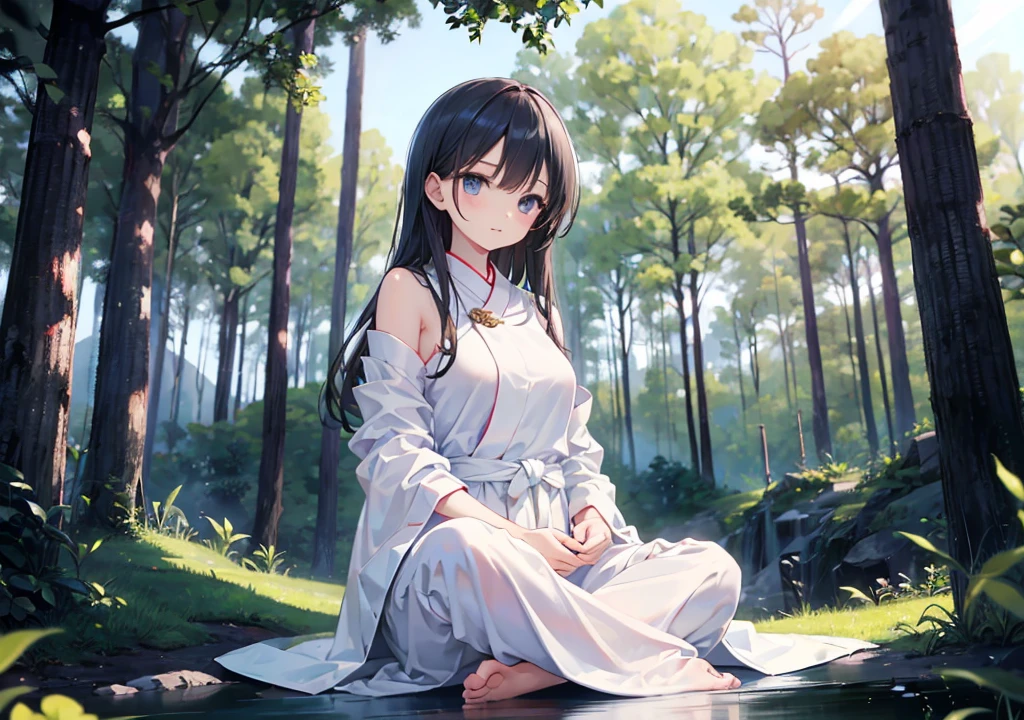 In the quiet forest、Beautiful girl meditating。She was wearing a thin white robe.、sitting quietly, Monk mode