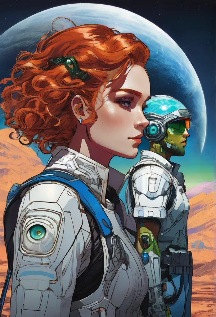 Two main characters staring at each other intensely. The woman has curly red hair that falls long over her shoulders., with eyes that mix the colors of honey and green. The man has short white hair with shades of light blue, gray blue eyes and a blue tattoo that runs up his neck. The cover background displays a planet in shades of white and blue, creating an ethereal and futuristic setting. The characters&#39; expressions are profound, suggesting an emotional connection and an engaging story. Soft lighting highlights the details of faces and the vibrant colors of hair and eyes, while the planet in the background adds a touch of mystery and fantasy.