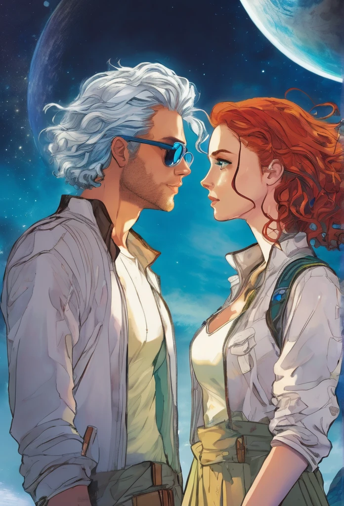 Two main characters staring at each other intensely. The woman has curly red hair that falls long over her shoulders., with eyes that mix the colors of honey and green. The man has short white hair with shades of light blue, gray blue eyes and a blue tattoo that runs up his neck. The cover background displays a planet in shades of white and blue, creating an ethereal and futuristic setting. The characters' expressions are profound, suggesting an emotional connection and an engaging story. Soft lighting highlights the details of faces and the vibrant colors of hair and eyes, while the planet in the background adds a touch of mystery and fantasy.