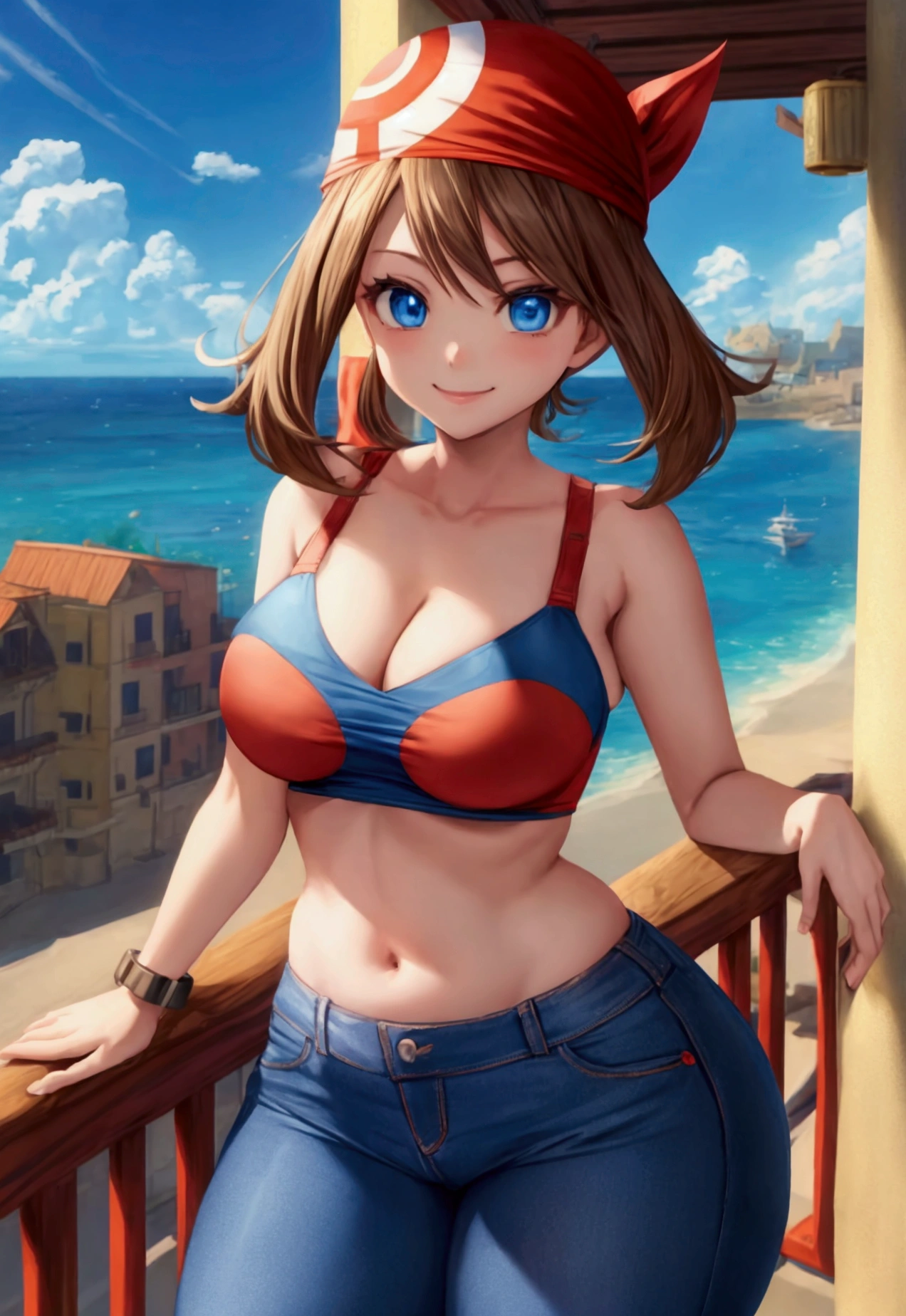 May_Pokemon, Blue Eyes, Brown Hair, Short Hair, Red Bra, Red Bandana, Blue Tight Jeans, 1girl, Only Girl, Anime Style, Stablediffusion, Smile, Hot, Navel, Cleavage, Beautiful Chests, Thick Thighs, Wide Hips, Close-up, Looking At Viewer, Cowboy Shot, Posing On Balcony, Outside Balcony, Outdoors, Blue Sky, White Clouds, Arms Support