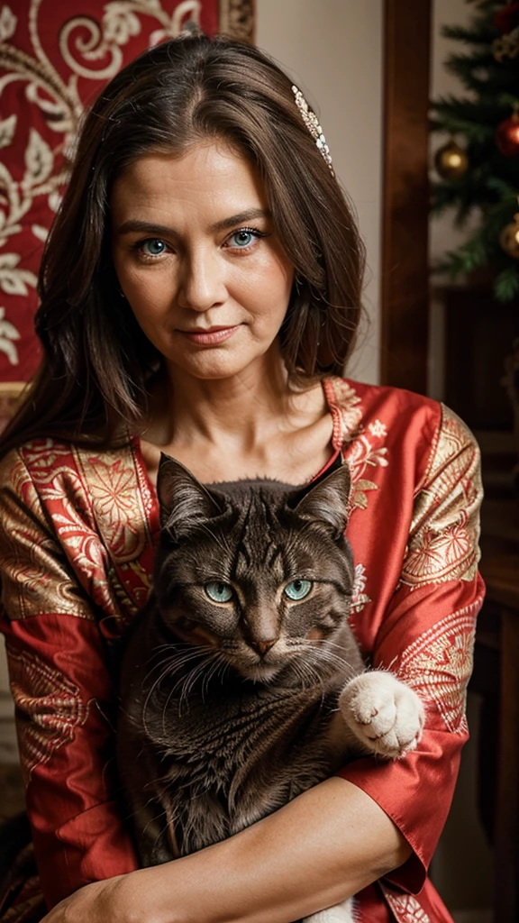 Close up photo of a graceful old woman hugging a cat. The old woman wore a red dress with batik ornaments. Medium cat with metallic gray fur with blue eyes.