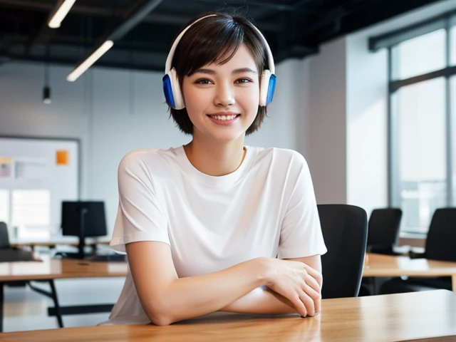 female sales rep, smiling, casual clothing, hyper realistic, mixed blood, white t-shirt, short hair, airpods, The background is an office (Amazing details, Excellent lighting, Wide-angle), sitting on a desk, in a meeting, headphones