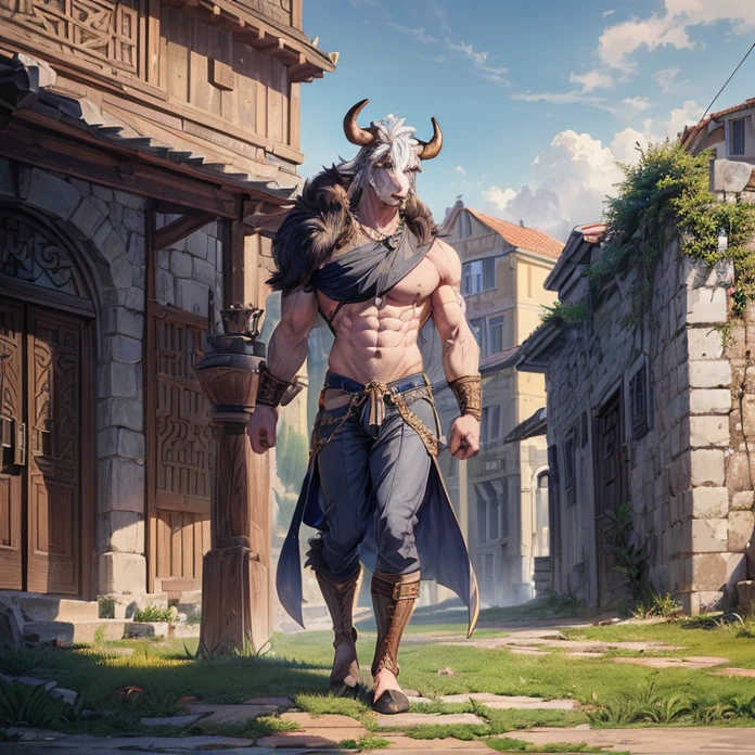 (absurdres, masterpiece, best high quality image epic artwork, high fantasy genre, carefully detailed image, carefully detailed textures, animalistic character, fantasy animal artwork, anthropomorphic, real animal features, solo animal character, full anthro animal body view)
{{((1anthropomorphic-animal: adult male minotaur: ((bull head, real bull face, bull grey eyes, black nose, bull ears, bull mouth, bull lips), (male muscular bull body, bull fur, bull arms, bull hands with five brown finger hooves), (bull strong legs, bull feet-hooves)), ((blue greek coat, blue greek shirt, blue greek pants, copper wristbands)), (standing relaxed and calm, bull relaxed face, responsible worker demeanor), (greek farm village, ancient greek villager houses, green grass, brown walk ways, grey cloudy sky))}}