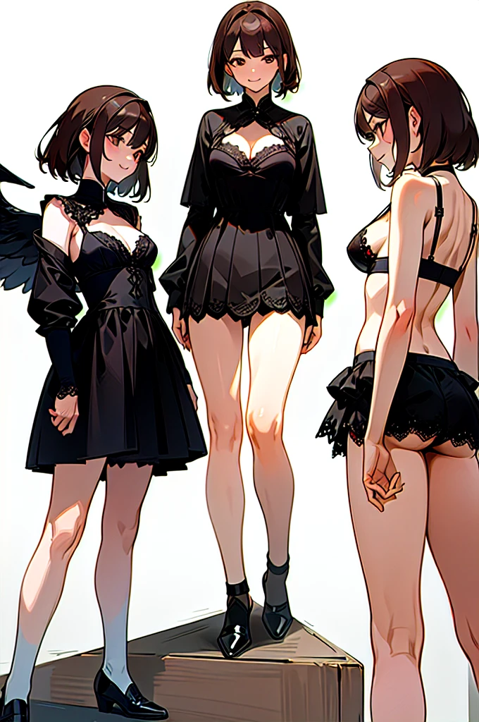 (masterpiece, 8k, Highest quality, Very detailed, One mature woman), (Attractive office lady),(Consistent personality, same characters), (Brown Hair,Medium Hair,Pale grey eyes), (Very detailed顔と肌の質感, fine grain), smile, Slender figure, Cleavage,alone,Thighs,Thin legs,belly button,Beautiful legs, White Background,Black lace bra,Black lace panties, 魅惑的なsmile, (Multiple Views, Multiple Angles), Side view, Front view, look up, Looking down, Rear View, 20-degree head view