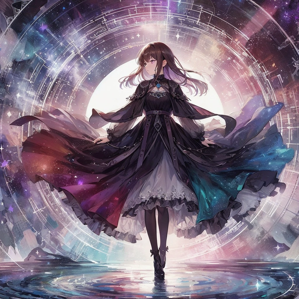 absurdres, best quality, fine detailed, 8k, 1girl, dark brown hair, purple eyes, black long fantasy dress, walking, space, galaxy, magic circle, black boots