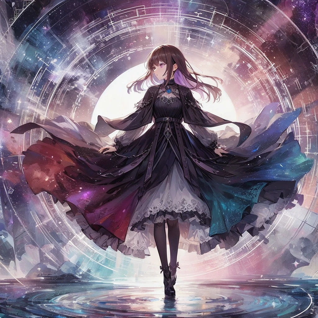 absurdres, best quality, fine detailed, 8k, 1girl, dark brown hair, purple eyes, black long fantasy dress, walking, space, galaxy, magic circle, black boots