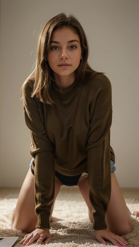 very pretty and delicate -yeld dablonde girl with light eyes, wearing a sweater on all fours, Blickt von hinten over her shoulder at the camera that she placed directly behind her to get a shot of her perky derriere for a portfolio she is making for a modeling gig, zeigt einen kleinen und runden Arsch, mit hochgezogenem Pullover,