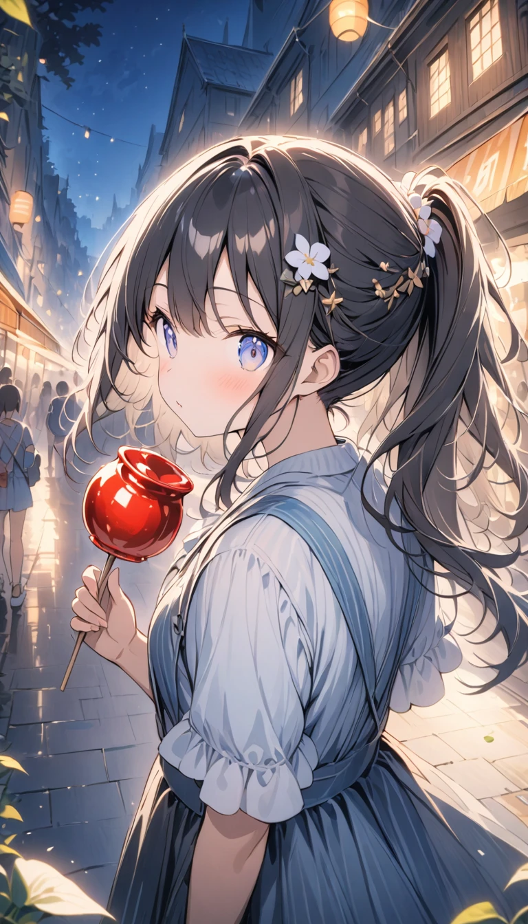 (masterpiece:1.2),(anime),、girl、cute、Black Hair、ponytail、hair ornaments、浴衣を着たgirl、((holding a candy apple in one hand)),Night house、festival、summer night、Light Generation、Beautiful artwork、Detail view、Scenes of Youth、Fisheye Lens、close