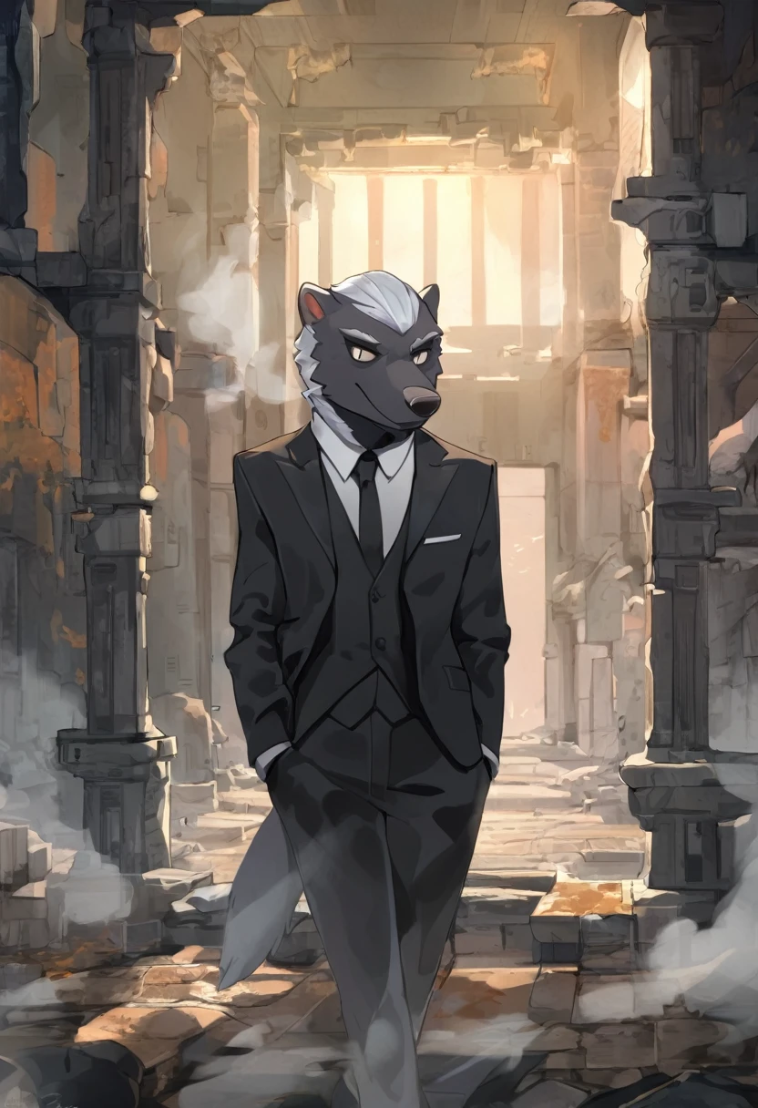 Honey Badger,personification,Mature male,Tall and skinny,Bad guys,Silver pupils,Black suit suit,Hands in pockets,The Age of Steam,Inside the ruins。