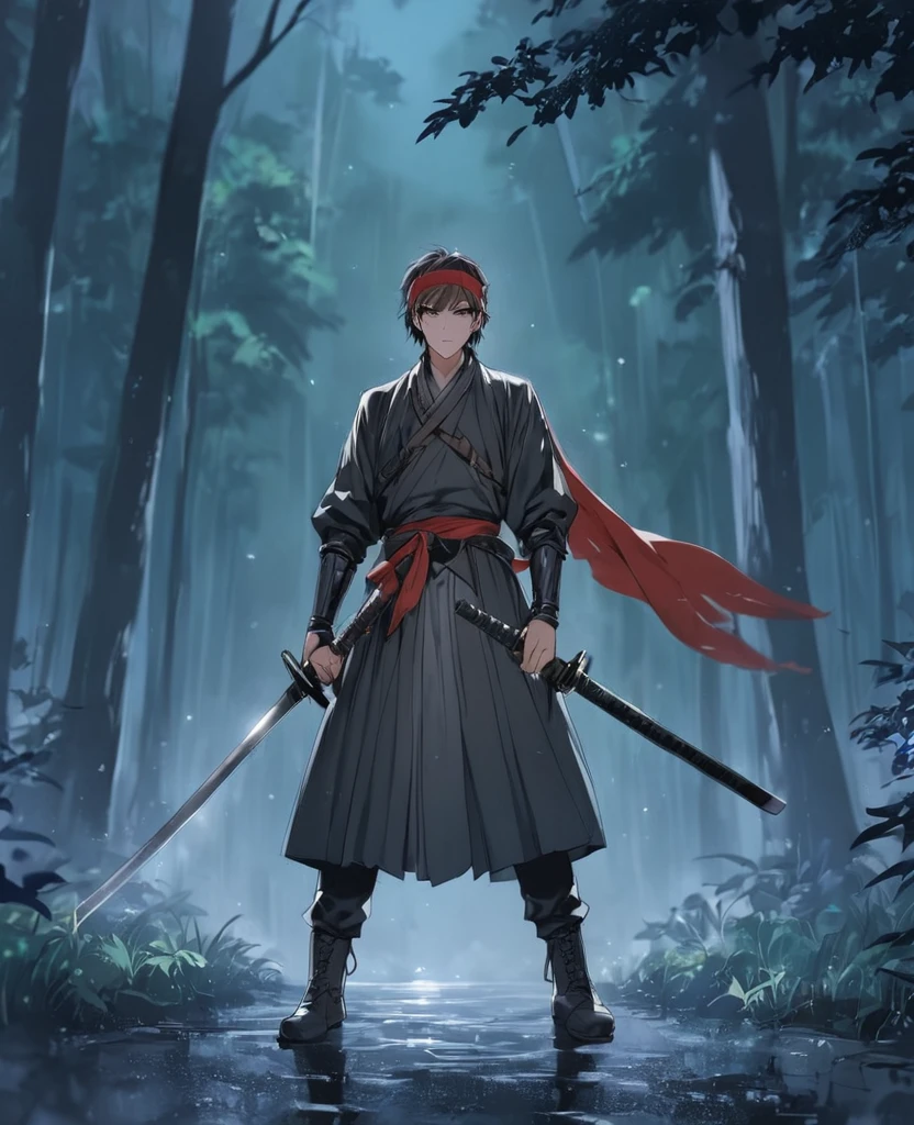 1boy, anime male, young anime man, low exposure, detailed, best quality, historical anime fighter, wearing black traditional fighting clothes, red headband, hair black and parted in the middle, brown eyes, standing in the forest at night, holding two katanas, dangerous atmosphere 