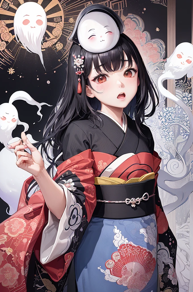 (masuter piece、top-quality、ukiyoe style、Mystical、vhorrified、Beautifully Aesthetic、offcial art、Sharaku:1.2)、(Female ghost:1.3)、(Fractal Art:1.3)、cowboy shot、white and clean skin、(Beautiful black hair、Kimono:1.2)、Traditional performing arts of Japan in the background、highly colorful、(scrollwork、A Japanese style:1.2)、