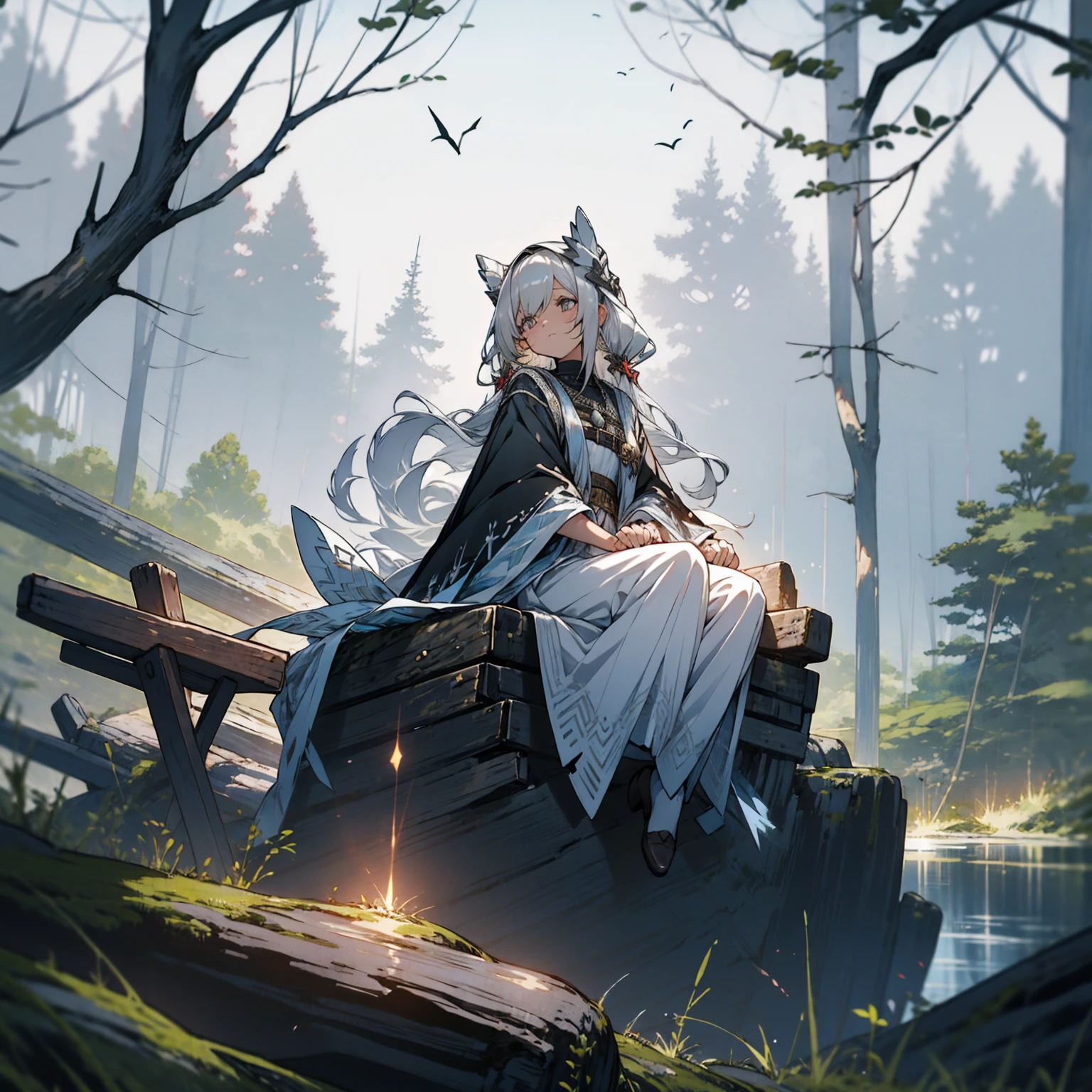 girl, beautiful, crescent moon, evening, cold expression, sitting on a cliff rock, playing the monochord, shining with a silvery aura, platinum white hair.