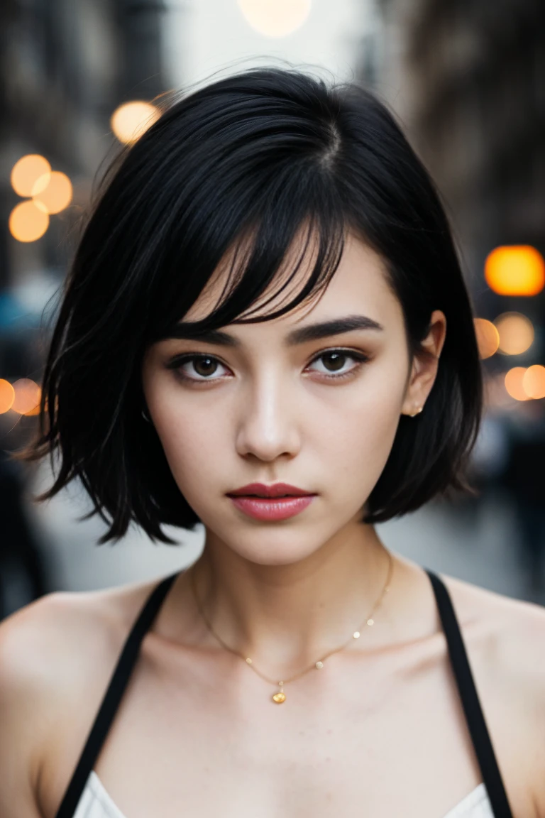 (Half-length photo,streetlight,moon),masterpiece, 1 Girl, Solo exhibitions, Beautiful woman on the busy street, Surrounded by vendors, Beautiful goddess girl portrait, Beautiful and detailed face, Porcelain skin, (((Half-length photo, center, night, Black Hair, short hair)), Super soft light, symmetry, complex, grace, High Detail, realism, Art, concept Art,