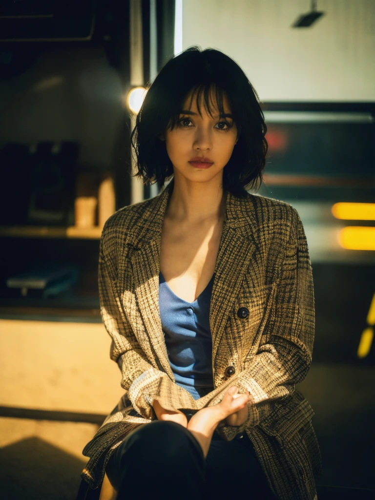 (Beauty shot:1.2), (Best quality:1.5), (neon sign light:1.3), (drizzling:1.3), 23y, 1girl, indonesian, (tight breast:1.3), yellow long sleeve shirt and jeans, sneakers, (perfect suit:1.3), (cute face:1.3), wavy short hair, dramatic natural posing in front of a closed shop, outdoor, newspaper, film looks, cinematic lighting, shadow, sunlight, aesthetic, ultra highres, sharp focus, highly detailed, detailed face and eyes, film bokeh, surreal view, shot by eos c with 35mm lens, movie angle, Portrait by annie leibovitz, midjourney v6