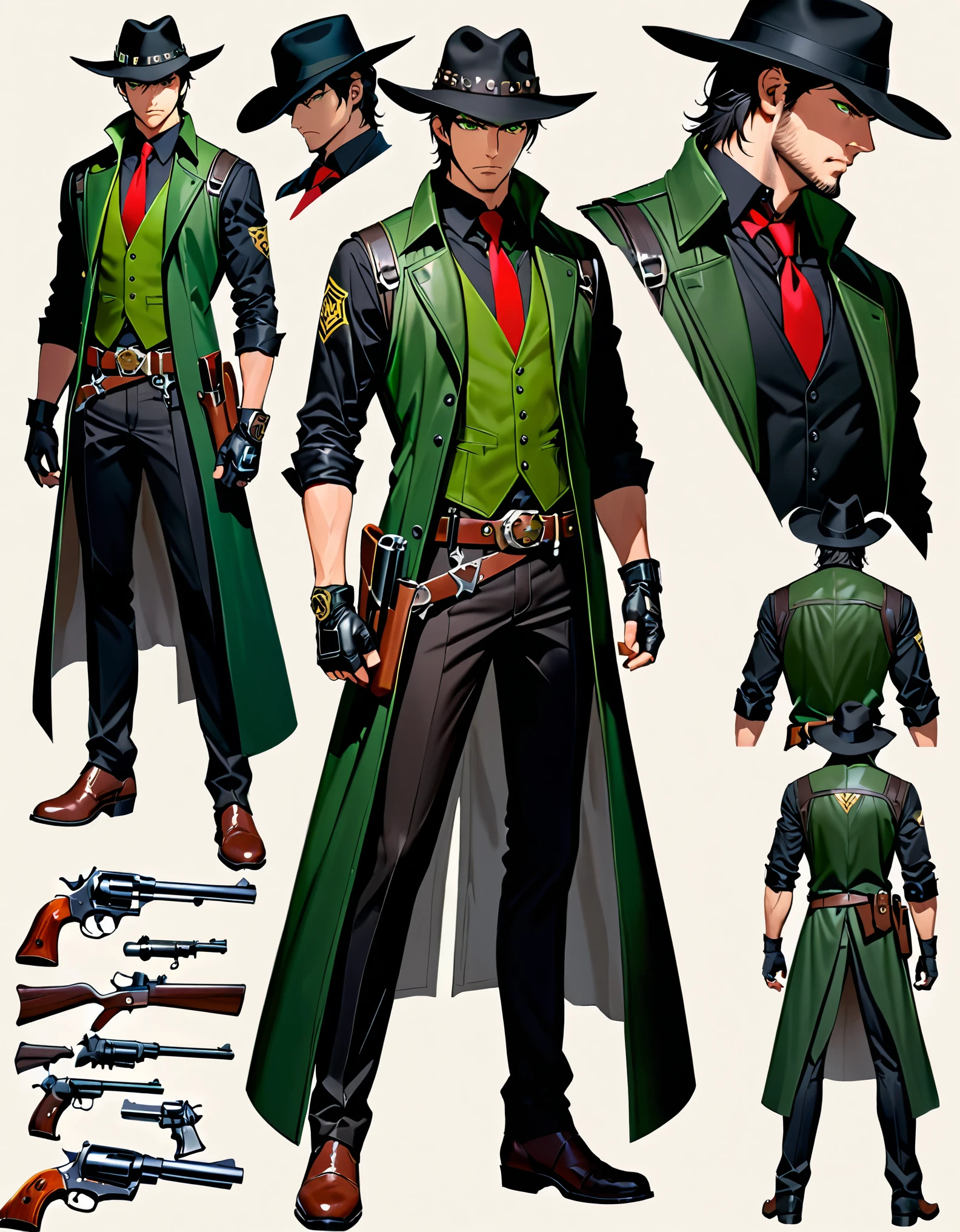 (masterpiece), (high quality), (hires), highly detialed, professional, semi-realistic, solo, solo focus, 1 young black-haired man, dark green vest, serious look, 1 man, green eyes, full body shot, cowboy bounty hunter, black hat, black shirt, red necktie, long black coat, fingerless gloves, black pants, belt buckle, shoes, serious look, Simple background, Multiple views, Character Sheet Full-Length. Gun, revolver.