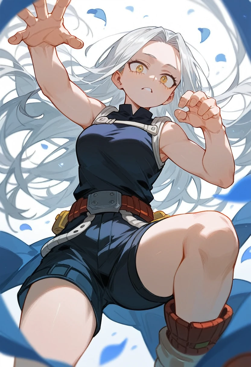dynamic pose,My Hero Academia Style, neat black sleeveless, yellow eyes, Gray long hair, light blue petals, shorts, ((high quality)), lap belt, wing-like belt, forehead, Tywin Tailhead,