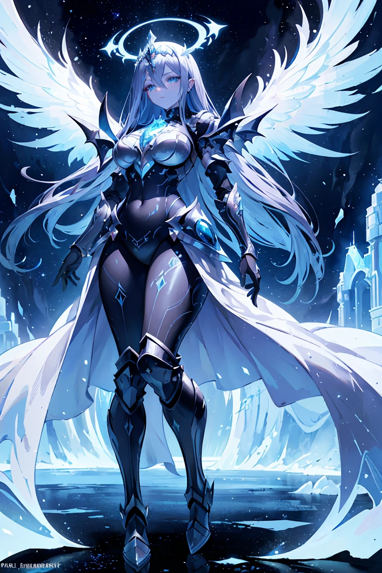 (((masterpiece))) (((highest quality))) (((8k resolution))) Queen in power armor, (gothic style), (full body shot 1.2), bellybutton, The most beautiful and sexy angel goddess, with long light brown hair, and glowing blue eyes, wearing intricate white gothic battle armor, angel wings, standing majestically in front of a gothic castle. ((perfect illumination)), a radiant glowing aura surrounds her, highlighting her divine presence and ethereal beauty, as she stands ready to defend her realm. The intricate details of her armor shimmer under the moonlight, and her angelic wings spread wide, casting an awe-inspiring shadow. Her glowing blue eyes exude both kindness and immense power, making her the epitome of grace and strength.