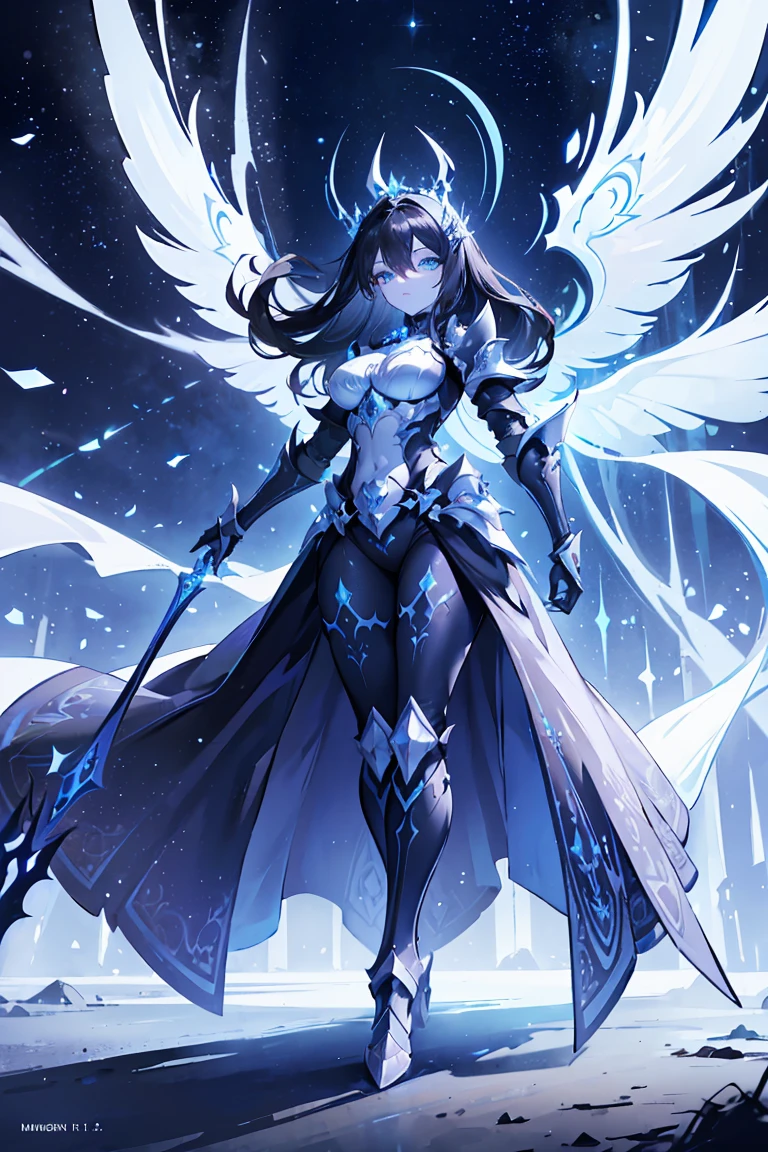 (((masterpiece))) (((highest quality))) (((8k resolution))) Queen in power armor, (gothic style), (full body shot 1.2), bellybutton, The most beautiful and sexy angel goddess, with long light brown hair, and glowing blue eyes, wearing intricate white gothic battle armor, angel wings, standing majestically in front of a gothic castle. ((perfect illumination)), a radiant glowing aura surrounds her, highlighting her divine presence and ethereal beauty, as she stands ready to defend her realm. The intricate details of her armor shimmer under the moonlight, and her angelic wings spread wide, casting an awe-inspiring shadow. Her glowing blue eyes exude both kindness and immense power, making her the epitome of grace and strength.