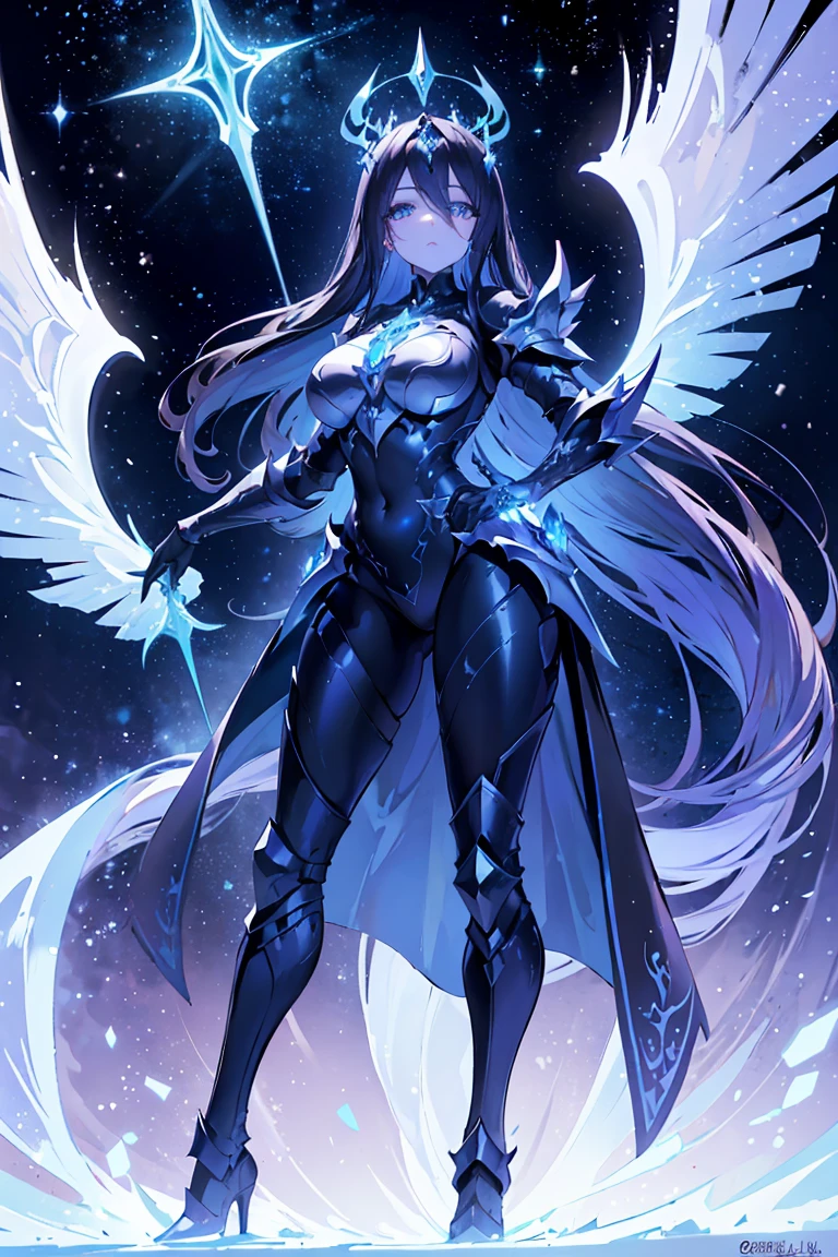 (((masterpiece))) (((highest quality))) (((8k resolution))) Queen in power armor, (gothic style), (full body shot 1.2), bellybutton, The most beautiful and sexy angel goddess, with long light brown hair, and glowing blue eyes, wearing intricate white gothic battle armor, angel wings, standing majestically in front of a gothic castle. ((perfect illumination)), a radiant glowing aura surrounds her, highlighting her divine presence and ethereal beauty, as she stands ready to defend her realm. The intricate details of her armor shimmer under the moonlight, and her angelic wings spread wide, casting an awe-inspiring shadow. Her glowing blue eyes exude both kindness and immense power, making her the epitome of grace and strength.