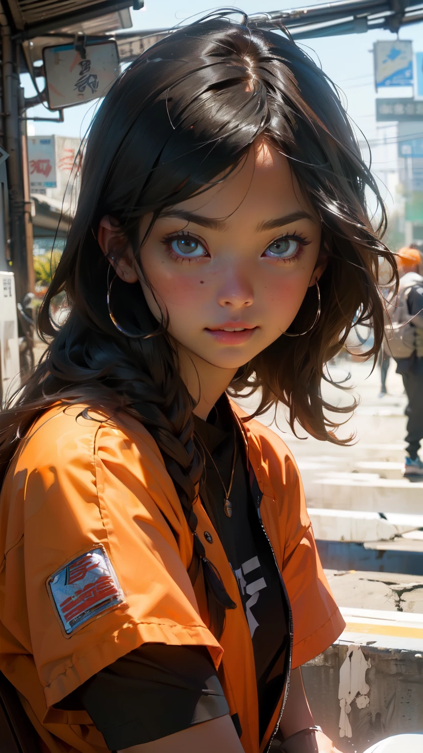 ((Crea una girl 16+ Year old.), (Realist), (masterpiece, 最好of质量), (whole body) (1 one次), (1 girl), (性感of), (one, Number of hits, Dye your hair red) (White Armored Cyber Skull), (Black socks+Gloves)).((close up), (standing at full height), (mystery))_((girl), (绿色of:1.5, orange:1.1, 白色of: 1.3, of:1.3))_((girl muy 性感of con rastas), (Tattoo), (赤裸of身体部位), (down jacket: 1.2), (上of夹克., t-shirt, Correa))_((美丽of身材, Half circle 16+ Year),(Realist)), ((Small peach chest, 优雅of身材, Willow Waist, 柔软of臀部)), ((long double braids),(tight braids),(Braided Hair), (Black Hair)), ((Red lips)), ((Smile))_((发光of皮肤:1.5, 白色of skin, 干净of皮肤: 1.5)), ((性感of), (美丽of ))_((Fractal, Flores, Leaves, FOG, lily, Circle background))_((明暗Compared, Compared, Warm and cold), (Atmospheric Visualization), (最好of质量), (Virtual Reality))_((Digital paint, Animation Style, Cyberpunk), (最好of质量, 4K, high resolution, masterpiece: 1.2)), ((Ultra Detailed)), ((Realist, photoRealist, photoRealist: 1.37))_((柔和清晰of形状, Normal strokes, Pay attention to details))_((high quality, 16K | Ultra HD | Full HD)).