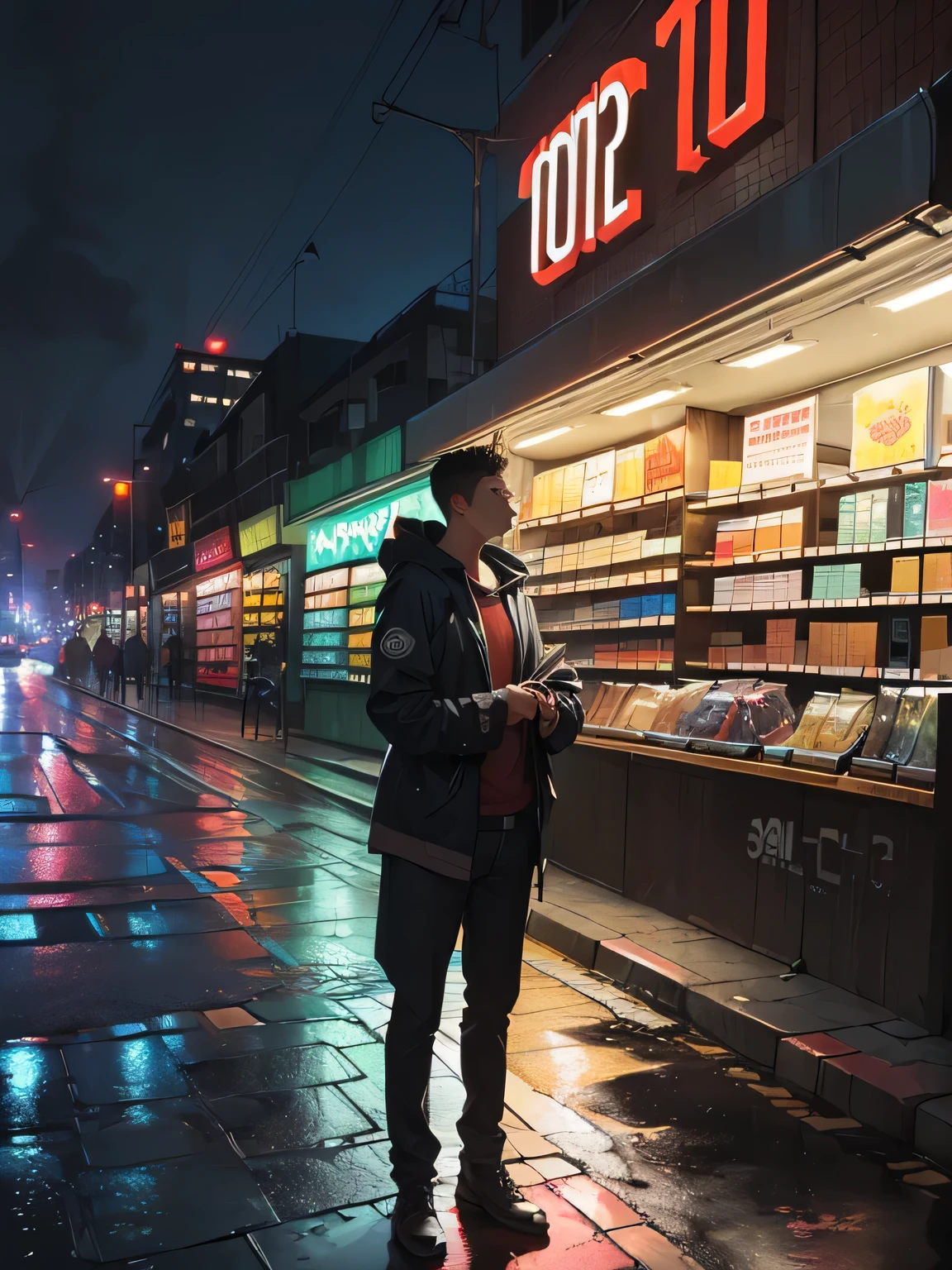 plano general, ((hermosa joven con paraguas esperando un taxi en una esquina de la city, skin texture, highly detailed and realistic:1.5)), (city, street at midnight, wind, flying papers, puddles of water in the streets , ((poster with text, "24 hour store":1.3) ), old cars, streetlight lighting, Heavy Rain Well-defined raindrops:1.4, dark and cold night: 1.3), masterpiece, hyper realistic, very detailed and well defined, Award-winning image, beautiful photography, CGK: 1.4, 8k