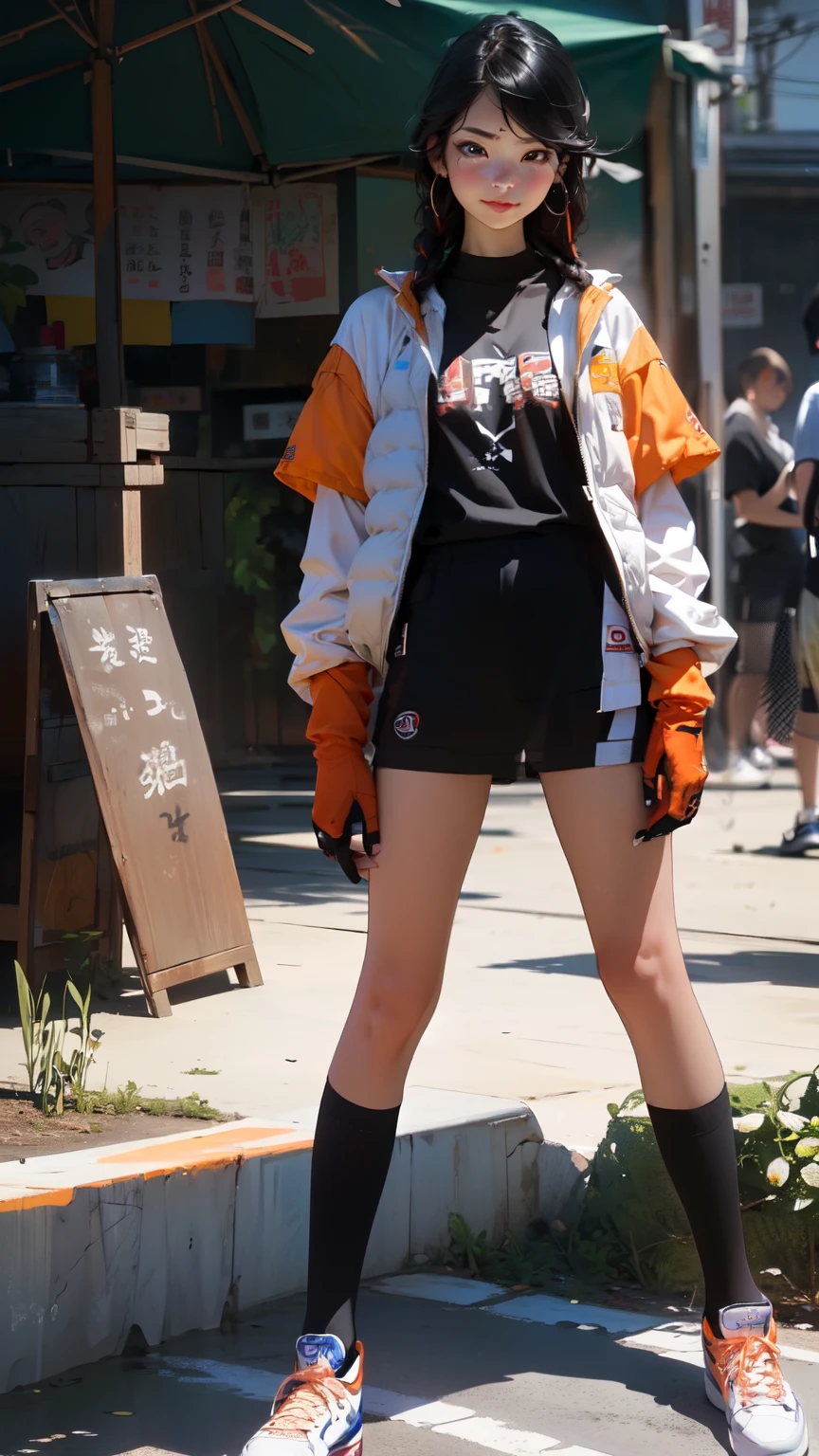 ((Crea una girl 16+ Year old.), (Realist), (masterpiece, 最好of质量), (whole body) (1 one次), (1 girl), (性感of), (one, Number of hits, Dye your hair red) (White Armored Cyber Skull), (Black socks+Gloves)).((close up), (standing at full height), (mystery))_((girl), (绿色of:1.5, orange:1.1, 白色of: 1.3, of:1.3))_((girl muy 性感of con rastas), (Tattoo), (赤裸of身体部位), (down jacket: 1.2), (上of夹克., t-shirt, Correa))_((美丽of身材, Half circle 16+ Year),(Realist)), ((Small peach chest, 优雅of身材, Willow Waist, 柔软of臀部)), ((long double braids),(tight braids),(Braided Hair), (Black Hair)), ((Red lips)), ((Smile))_((发光of皮肤:1.5, 白色of skin, 干净of皮肤: 1.5)), ((性感of), (美丽of ))_((Fractal, Flores, Leaves, FOG, lily, Circle background))_((明暗Compared, Compared, Warm and cold), (Atmospheric Visualization), (最好of质量), (Virtual Reality))_((Digital paint, Animation Style, Cyberpunk), (最好of质量, 4K, high resolution, masterpiece: 1.2)), ((Ultra Detailed)), ((Realist, photoRealist, photoRealist: 1.37))_((柔和清晰of形状, Normal strokes, Pay attention to details))_((high quality, 16K | Ultra HD | Full HD)).