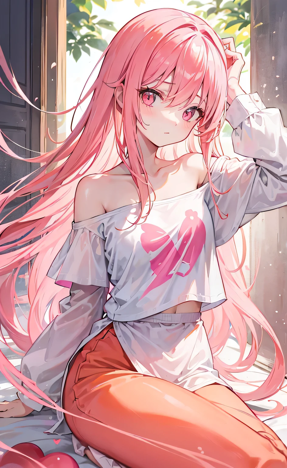 Pink orange long hair,Slim and light as a swallow,Slightly higher,Pink orange eyes,Pink decoration,Lightweight soft white shirt,Off Shoulder,Keep your head up and your chest out,Serving People,Love Charm