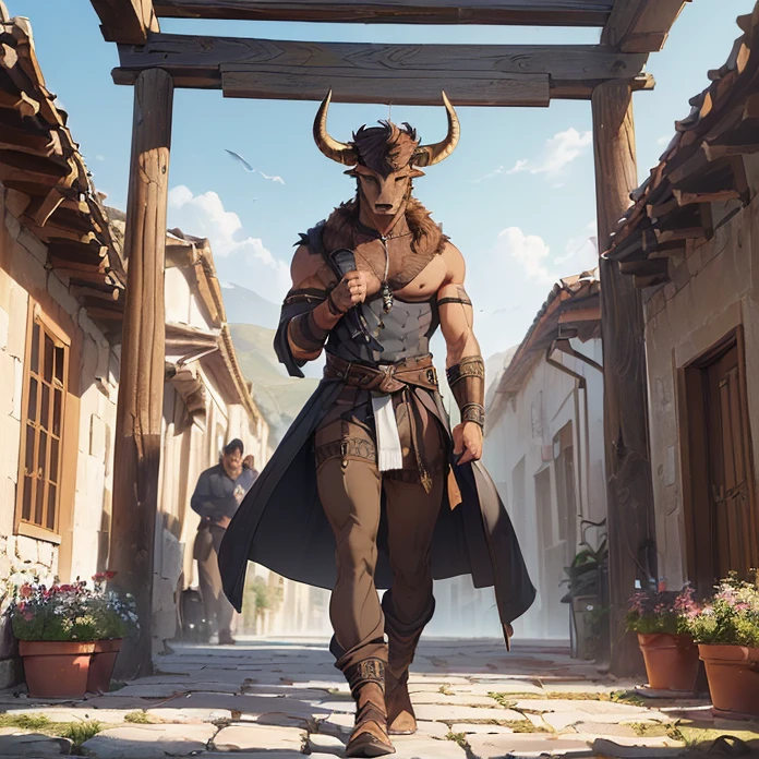 (absurdres, masterpiece, best high quality image epic artwork, high fantasy genre, carefully detailed image, carefully detailed textures, animalistic character, fantasy animal artwork, anthropomorphic, real animal features, solo animal character, full anthro animal body view)
{{((1anthropomorphic-animal: adult male minotaur: ((brown bull head, real bull face, bull grey eyes, bull's black nose, brown bull ears, brown bull mouth, bull lips), (minotaur male muscular bull body, bull's brown fur, brown bull arms, brown bull hands with five brown finger hooves), (brown bull strong legs, brown bull feet-hooves)), ((blue greek coat, blue greek shirt, blue greek pants, copper wristbands)), (standing relaxed and calm, bull relaxed face, responsible worker demeanor), (greek farm village, ancient greek villager houses, green grass, brown walk ways, grey cloudy sky))}}