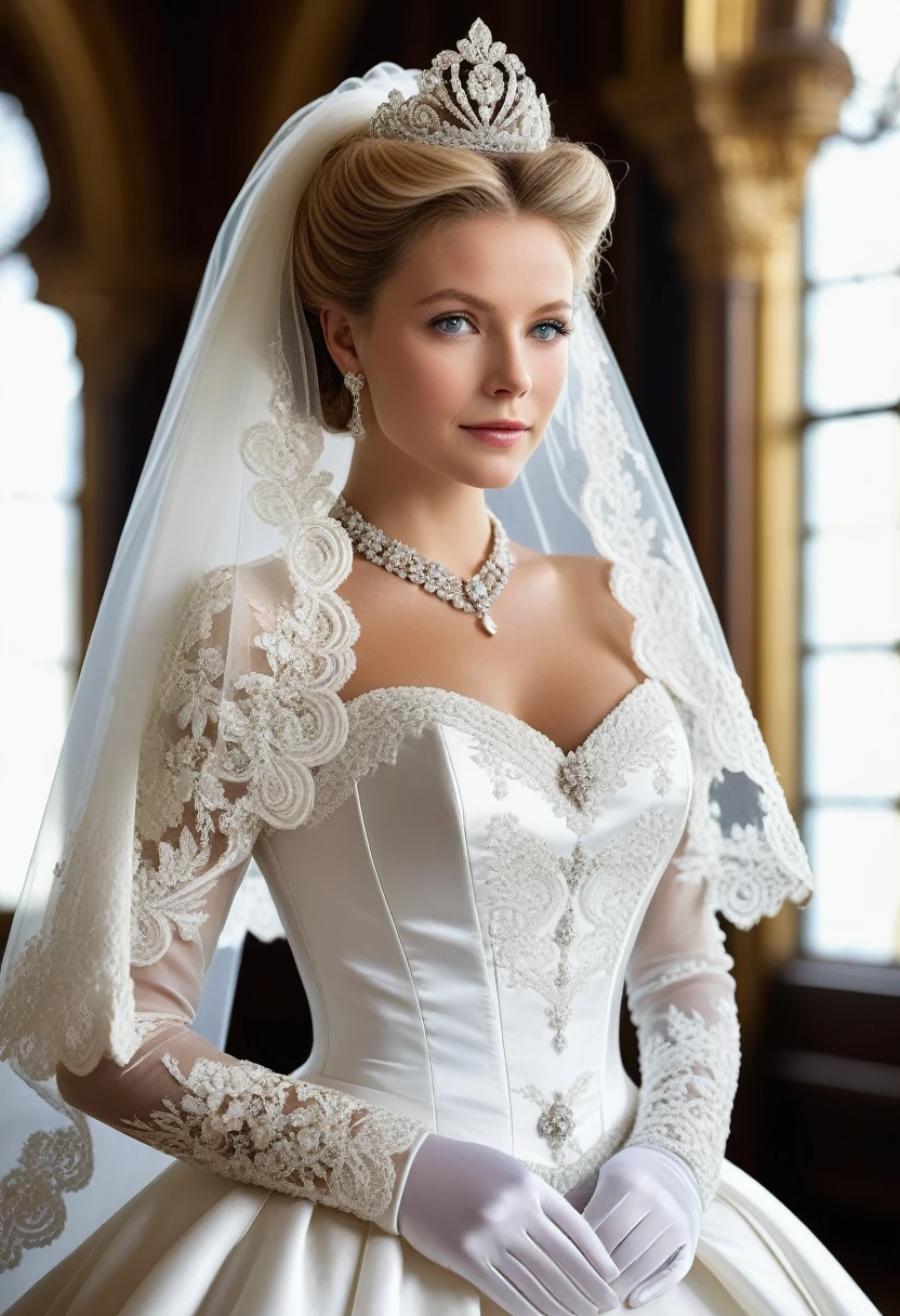 1girl, solo, (masterpiece), best quality, expressive eyes, perfect face, gwyneth paltrowAshleigh Murray modeling in a majestic, indoor palace setting, adorned in a shimmering white satin bridal gown boasting a voluminous princess skirt, an elongated trail, a harmoniously fascinating veil, and an intricately laced and diamond-encrusted bodice with a bow. Victorian style wedding gown with lace, frills and ribbons. Elaborate victorian updo hairstyle. ribbon belt on waist, Crowning her head is a princess's tiara, while diamond earrings and necklace sparkle in contrast with the white satin of her elbow-length opera gloves, realistic, 4k, hd, detailed, perfect anatomy, perfect hands, perfect face