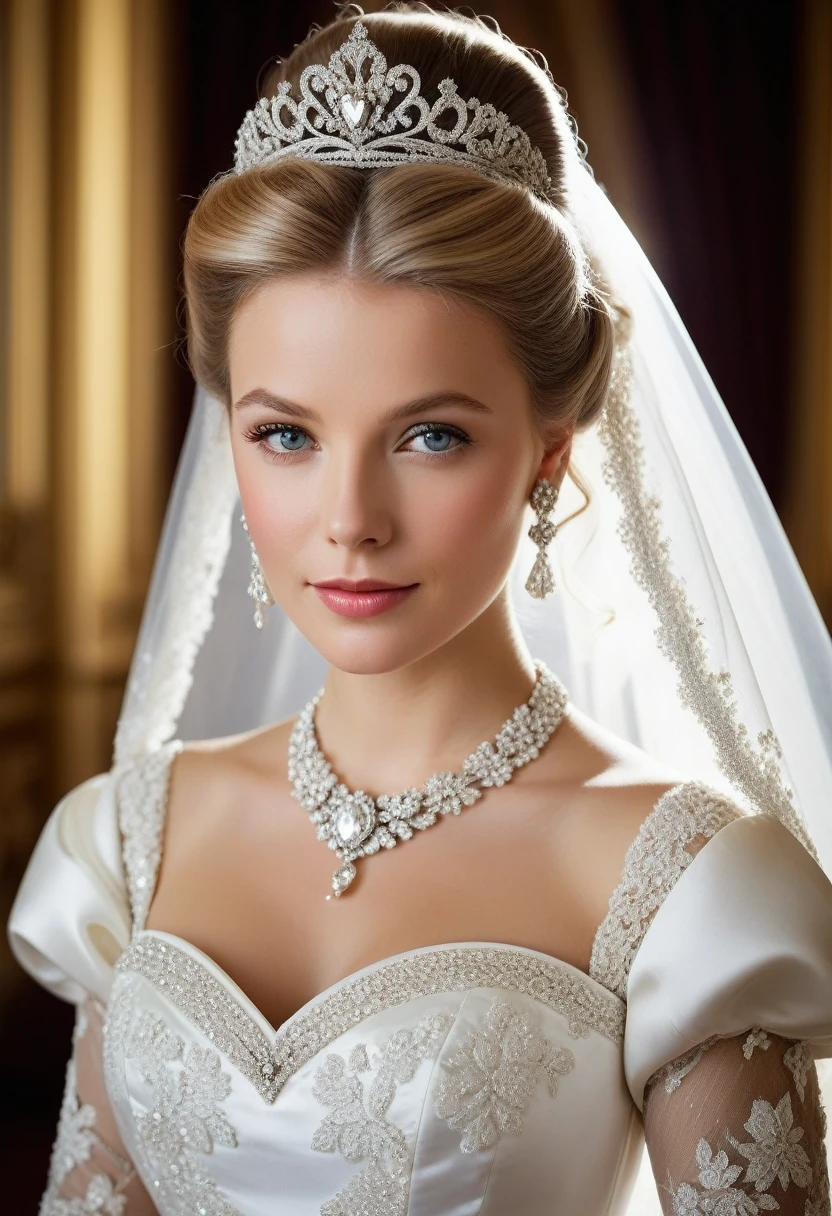 1girl, solo, (masterpiece), best quality, expressive eyes, perfect face, gwyneth paltrowAshleigh Murray modeling in a majestic, indoor palace setting, adorned in a shimmering white satin bridal gown boasting a voluminous princess skirt, an elongated trail, a harmoniously fascinating veil, and an intricately laced and diamond-encrusted bodice with a bow. Victorian style wedding gown with lace, frills and ribbons. Elaborate victorian updo hairstyle. ribbon belt on waist, Crowning her head is a princess's tiara, while diamond earrings and necklace sparkle in contrast with the white satin of her elbow-length opera gloves, realistic, 4k, hd, detailed, perfect anatomy, perfect hands, perfect face 