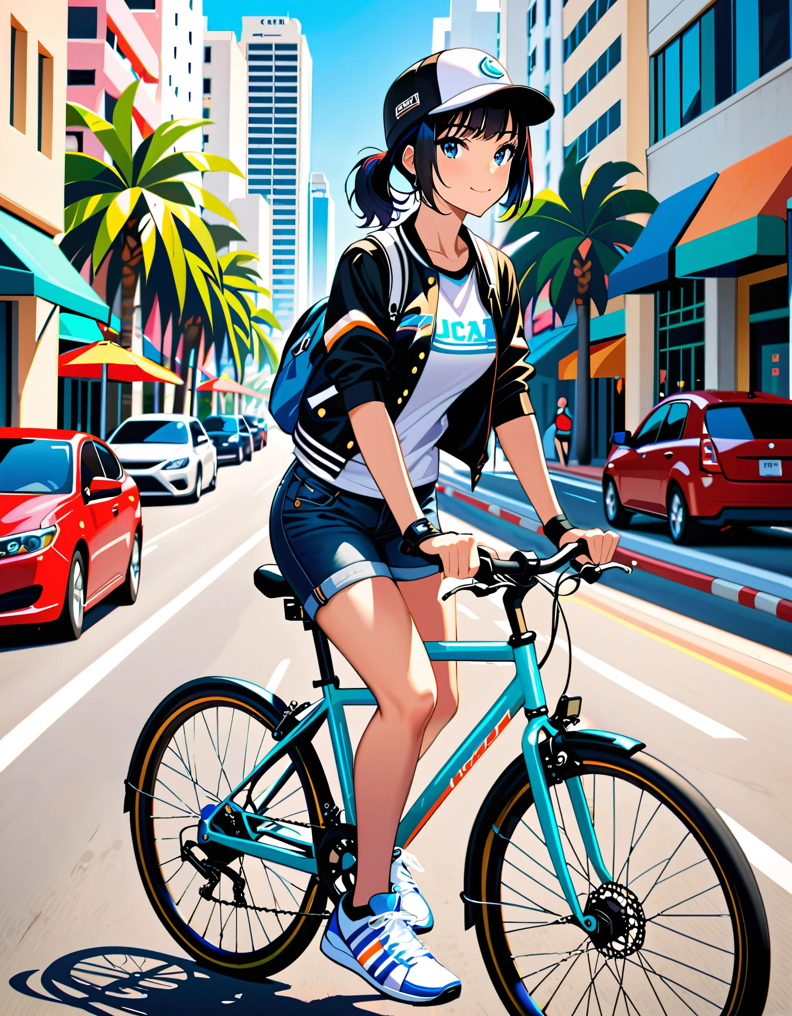 (masterpiece), (best quality), (high res), highly detailed, 1girl, bike messenger, miami city backdrop, (jet black hair, short hair, bob hair, bangs, ponytail), light blue eyes, beautiful detailed eyes, beautiful detailed face, cute face, perfect hands, complete fingers, perfect anatomy, perfect proportions, medium breasts, (jeans, athletic sneakers), (backward cap), fingerless gloves, (varsity jacket, sleeves rolled up, t-shirt), (bicycle, riding bicycle), day, traffic