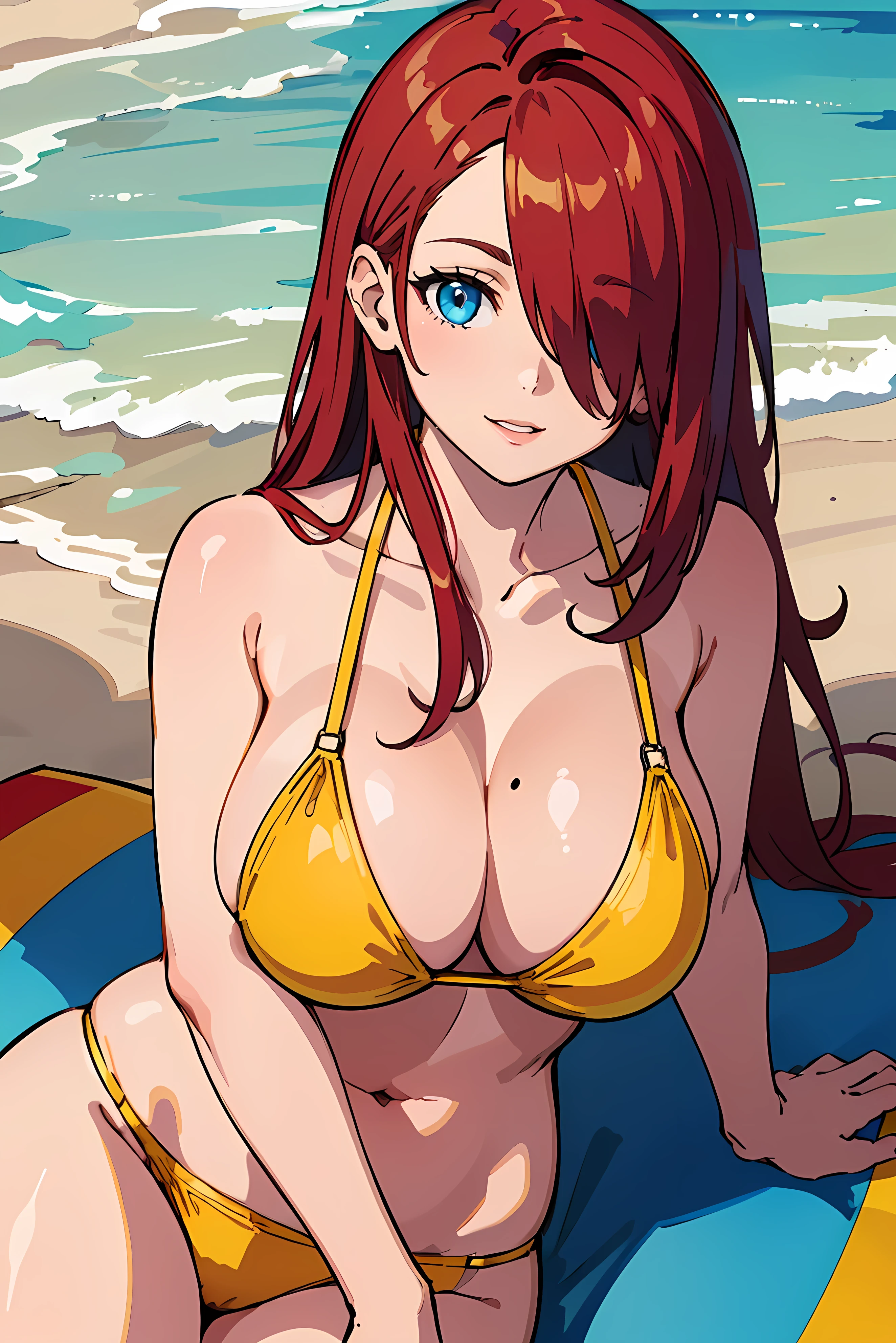 masterpiece, best quality, highly detailed background, perfect lighting, best quality, (extremely detailed face), volumetric lighting, intricate details, shadow, tonemapping, sharp focus, hyper detailed, trending on Artstation, (solo) ((Looking at the viewer)) (long red hair) (Hair over face) (only one eye visible) (curvy) (Big breasts) (Yellow bikini)((Blue eyes)) ((human)) (sexy pose) (On the beach) (smile) (Sunbathing)