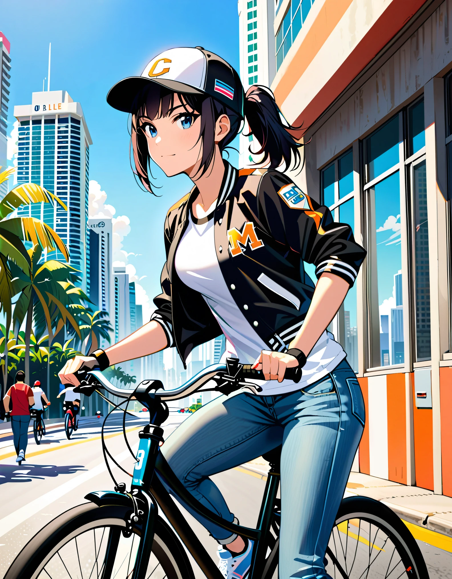 (masterpiece), (best quality), (high res), highly detailed, 1girl, bike messenger, miami city backdrop, (jet black hair, short hair, bob hair, bangs, ponytail), light blue eyes, beautiful detailed eyes, beautiful detailed face, cute face, perfect hands, complete fingers, perfect anatomy, perfect proportions, medium breasts, (jeans, athletic sneakers), (backward cap), fingerless gloves, (varsity jacket, sleeves rolled up, t-shirt), (bicycle, riding bicycle), day, traffic