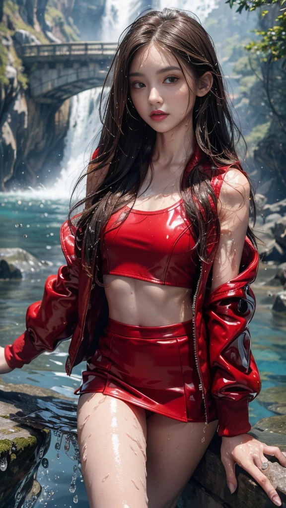 8k, masterpiece, 1 girl, beautiful face, ((very long hair)), glossy makeup, (glossy skin:1.5), detailed eyes, detailed lips, small bust, red short jacket, wet white vest, ((red mini skirt)), ((under pants)), ((bare thigh)), straps clothing, (water falling:1.5), steam effect, water vapor, adult pose,