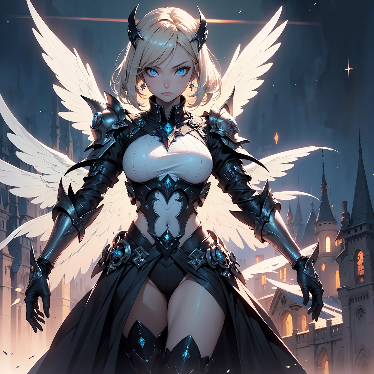 (((masterpiece))) (((highest quality))) (((8k resolution))) Queen in power armor, (gothic style), (full body shot 1.2), bellybutton, The most beautiful and sexy angel goddess, with long light brown hair, and glowing blue eyes, wearing intricate white gothic battle armor, angel wings, standing majestically in front of a gothic castle. ((perfect illumination)), a radiant glowing aura surrounds her, highlighting her divine presence and ethereal beauty, as she stands ready to defend her realm. The intricate details of her armor shimmer under the moonlight, and her angelic wings spread wide, casting an awe-inspiring shadow. Her glowing blue eyes exude both kindness and immense power, making her the epitome of grace and strength.