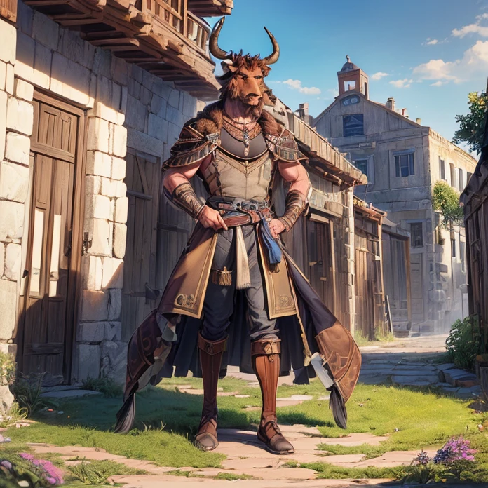 (absurdres, masterpiece, best high quality image epic artwork, high fantasy genre, carefully detailed image, carefully detailed textures, animalistic character, fantasy animal artwork, anthropomorphic, real animal features, solo animal character, front view)
{{((1anthropomorphic-animal: adult male minotaur: ((brown bull head, real bull face, bull grey eyes, bull's black nose, brown bull ears, brown bull mouth, bull lips), (minotaur male muscular bull body, bull's brown fur, brown bull arms, brown bull hands with five brown finger hooves), (brown bull strong legs, brown bull feet-hooves)), ((blue greek coat, blue greek shirt, blue greek pants, copper wristbands)), (standing relaxed and calm, bull relaxed face, responsible worker demeanor), (greek farm village, ancient greek villager houses, green grass, brown walk ways, grey cloudy sky))}}