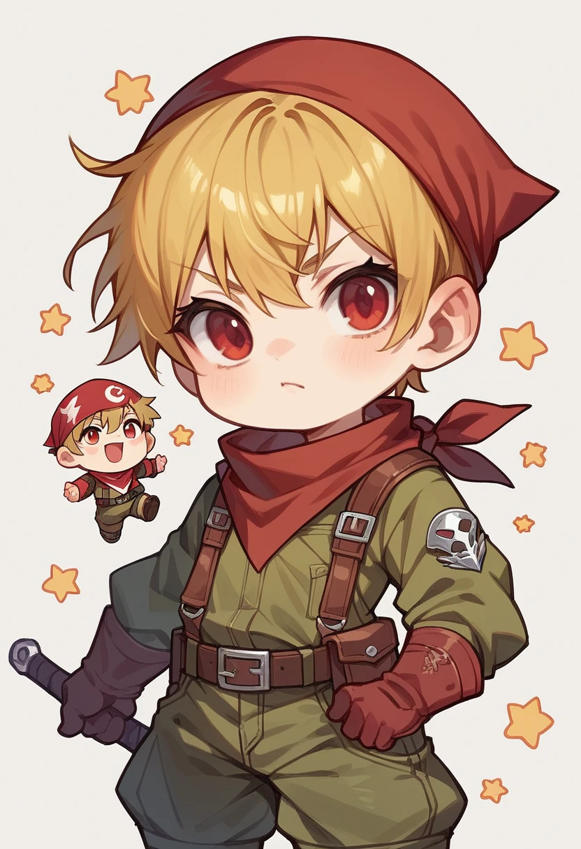 Yellow short hair, red eyes, red bandana, chibi