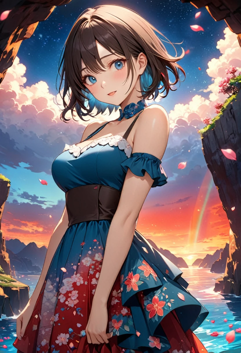 Highest quality, Great quality, 16K, Unbelievably absurd, Very detailed, 2.5D, delicate and dynamic, Very delicate facial expressions, Delicate eye depiction, Upper body close-up, erotic, Only sexy women, Healthy body shape, 22-year-old woman, Height: 170cm, Large, firm, swaying bust,blue sea, Red sunset, cave with crystal, rainbow, Starry Night, Cherry blossom petals, Fantastic clouds, Retro floral long dress, Tiered skirt dress, Asymmetrical color block dress, Dark Brown Short Hair