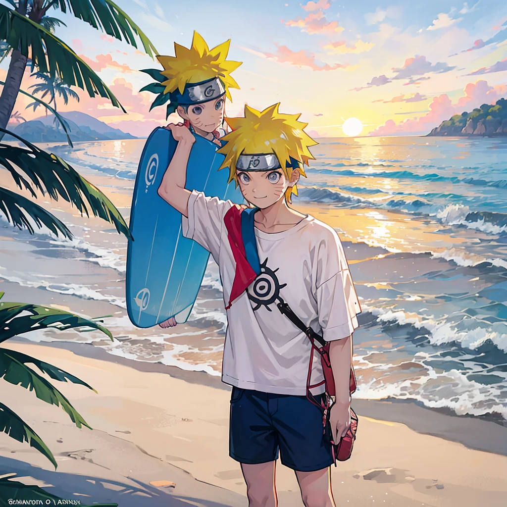 Create a vibrant and lively image of Naruto Uzumaki from the Naruto series, depicted in modern casual clothes as if he's preparing for a day at the beach in Goa. Naruto is wearing a stylish, comfortable outfit suitable for a beach outing: a brightly colored, short-sleeved shirt with a fun tropical pattern, paired with casual shorts and flip-flops. He has a pair of trendy sunglasses perched on his head, and a beach towel draped over his shoulder.

The scene is set in the early morning, with the first light of dawn casting a warm, golden glow. Naruto is standing on a balcony or near a window, looking out towards the beach with a wide, excited smile, capturing his energetic and enthusiastic personality. The background includes glimpses of palm trees swaying gently in the breeze and the calm ocean waves reflecting the early morning sunlight.

A soft, pastel-colored sky with the sun just beginning to rise adds to the serene and fresh morning atmosphere. There might be a few beach-related items nearby, such as a beach bag, a surfboard, or a beach ball, suggesting his plans for the day.

The overall style should be lively and contemporary, with a focus on capturing Naruto’s characteristic enthusiasm and the vibrant, tropical feel of a beach morning in Goa. The art should evoke a sense of adventure and fun, highlighting Naruto’s readiness to enjoy a beautiful day by the sea.