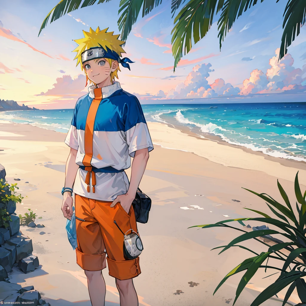 Create a vibrant and lively image of Naruto Uzumaki from the Naruto series, depicted in modern casual clothes as if he's preparing for a day at the beach in Goa. Naruto is wearing a stylish, comfortable outfit suitable for a beach outing: a brightly colored, short-sleeved shirt with a fun tropical pattern, paired with casual shorts and flip-flops. He has a pair of trendy sunglasses perched on his head, and a beach towel draped over his shoulder.

The scene is set in the early morning, with the first light of dawn casting a warm, golden glow. Naruto is standing on a balcony or near a window, looking out towards the beach with a wide, excited smile, capturing his energetic and enthusiastic personality. The background includes glimpses of palm trees swaying gently in the breeze and the calm ocean waves reflecting the early morning sunlight.

A soft, pastel-colored sky with the sun just beginning to rise adds to the serene and fresh morning atmosphere. There might be a few beach-related items nearby, such as a beach bag, a surfboard, or a beach ball, suggesting his plans for the day.

The overall style should be lively and contemporary, with a focus on capturing Naruto’s characteristic enthusiasm and the vibrant, tropical feel of a beach morning in Goa. The art should evoke a sense of adventure and fun, highlighting Naruto’s readiness to enjoy a beautiful day by the sea.