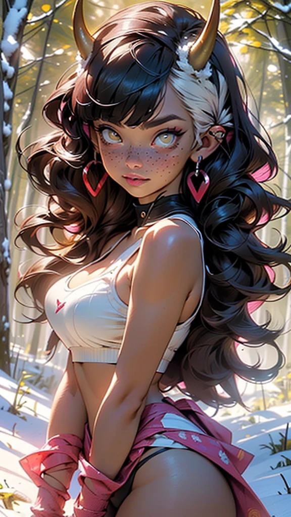 (((meruccubus))),Succubus girl,(((Succubus,monster girl))),
sexy, (red demon horns,red glowing horns,red horns,horns), (devil tail:1.3,demon black tail), ((((hair between horns,(red oni,red skin,oni,colored skin,),skin-covered horns,demon girl,body freckles,freckles,braces,mole under eye,)))),big tits,big butt, thick legs, bitch, naughty face,heart pupils:1.4, heart,hearts,heart marks,((pointy ears)),
(large breasts:1.5),saggy breasts,(((yellow_eyes:1.3))),intricate eyes,beautiful detailed eyes,symmetrical eyes,big eyes:1.5,((((long hair, black hair,blunt bangs,wavy hair)))),((((lustrous skin:1.5,shiny skin,very shiny skin,shiny body)))),(spider lower abdomen,narrow waist,wide hip,bimbo body,inflated legs,thick thighs),(((detailed face))),
(cute,slutty,sensual,seductive look,seductive,((erotic)),opulent,sumptuous,longingly,((nsfw))),
((black panties,black sports bra,clothes writing,sideboob,sports bra,underwear ,underwear only,underwear writing)),((yellow earrings)),((o-ring collar)),((black gloves,gloves,fingerless gloves)),((bare shoulders)),
(seductive pose:1.0),embarrassed,(centered,scale to fit dimensions,Rule of thirds),
((snowy pink cherry forest:1.5,pink theme forest:1.5)),winter,scenery:1.25,((intricate scenery)),((snow forest background)),
(Glossy winter ornaments),highres,sharp focus,(ultra detailed,extremely detailed),(photorealistic artwork:1.37),(extremely detailed CG unity 8k wallpaper),(((vibrant colors,vibrant theme))),(intricate),(masterpiece),(best quality),artistic photography,(photography taken by sldr),(intricate background),perfect rendered face,perfect face details,realistic face,photo realistic,((intricate detail)),(((realism))),
